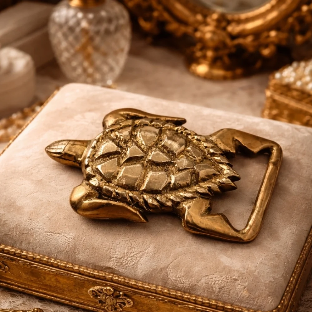 VINTAGE 1970S SOLID BRASS SEA TURTLE BELT BUCKLE HEAVY CAST SCULPTURAL STATEMENT